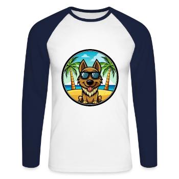 Lunettes de soleil de dessin animé de race de chien beige noir plage - T-shirt baseball manches longues Homme - blanc/marine - Devant - Nik (191cm)