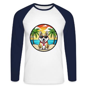 Chien Husky Labrador Canadien Race Cartoon Beach - T-shirt baseball manches longues Homme - blanc/marine - Devant - Nik (191cm)