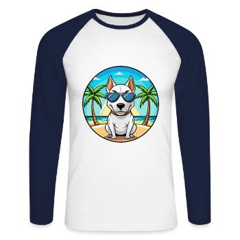 Bull Terrier Miniature Dog Breed Cartoon Beach - Unisex Long Sleeve Baseball T-Shirt - white/navy - Front - Nik (191cm)