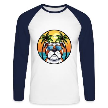 Bouledogue anglais race dessin animé lunettes de soleil plage - T-shirt baseball manches longues Homme - blanc/marine - Devant - Nik (191cm)