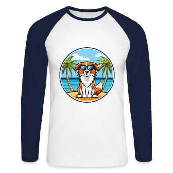 Nederlandse Kooikerhondje Hunderasse Cartoon Strand - Unisex Baseballshirt langarm - Weiß/Navy - Vorne - Nik (191cm)