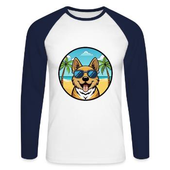 Plage de dessin animé de race de chien Ovcharka de Russie du Sud - T-shirt baseball manches longues Homme - blanc/marine - Devant - Nik (191cm)