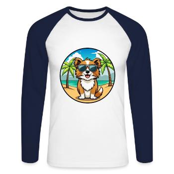Tibetischer Spaniel Hund Rasse Cartoon Sonnenbrille Strand - Unisex Baseballshirt langarm - Weiß/Navy - Vorne - Nik (191cm)