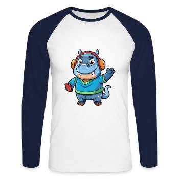 Hippo Funny Cartoon Character Headphone Music - Unisex Long Sleeve Baseball T-Shirt - white/navy - Front - Nik (191cm)
