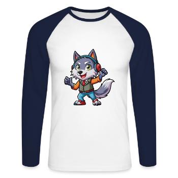 Wolf Funny Cartoon Character Headphone Music - Unisex Long Sleeve Baseball T-Shirt - white/navy - Front - Nik (191cm)