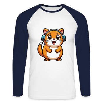 Hamster Drôle Dessin Animé Personnage Casque Musique - T-shirt baseball manches longues Homme - blanc/marine - Devant - Nik (191cm)