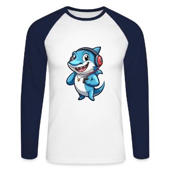 Requin Drôle Dessin Animé Personnage Casque Musique - T-shirt baseball manches longues Homme - blanc/marine - Devant - Nik (191cm)