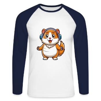 Cochon d’Inde Drôle Dessin Animé Personnage Casque Musique - T-shirt baseball manches longues Homme - blanc/marine - Devant - Nik (191cm)
