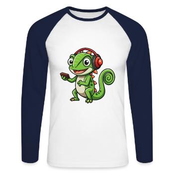 Chameleon Funny Cartoon Character Headphone Music - Unisex Long Sleeve Baseball T-Shirt - white/navy - Front - Nik (191cm)