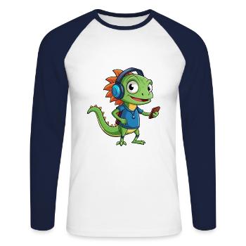 Lizard Funny Cartoon Character Headphone Music - Unisex Long Sleeve Baseball T-Shirt - white/navy - Front - Nik (191cm)