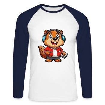 Beaver Funny Cartoon Character Headphone Music - Unisex Long Sleeve Baseball T-Shirt - white/navy - Front - Nik (191cm)
