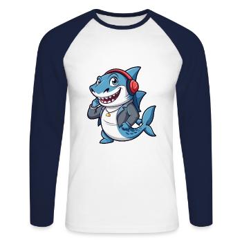 Requin Drôle Dessin Animé Personnage Casque Musique - T-shirt baseball manches longues Homme - blanc/marine - Devant - Nik (191cm)