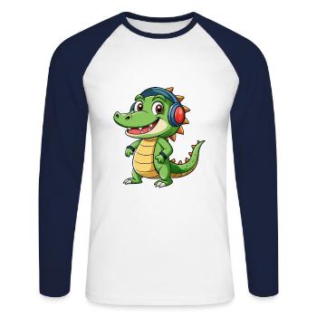 Crocodile Drôle Dessin Animé Personnage Casque Musique - T-shirt baseball manches longues Homme - blanc/marine - Devant - Nik (191cm)