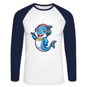 Musique de casque de personnage de dessin animé drôle de dauphin - T-shirt baseball manches longues Homme - blanc/marine - Devant - Nik (191cm)
