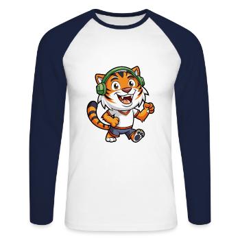 Tiger Funny Cartoon Character Headphone Music - Unisex Long Sleeve Baseball T-Shirt - white/navy - Front - Nik (191cm)
