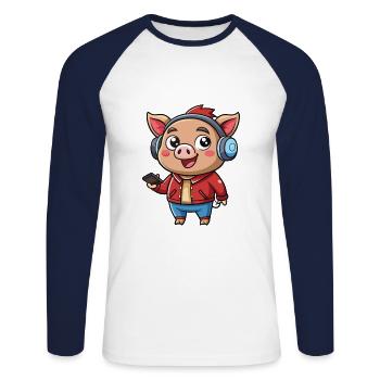 Cochon Drôle Dessin Animé Personnage Casque Musique - T-shirt baseball manches longues Homme - blanc/marine - Devant - Nik (191cm)