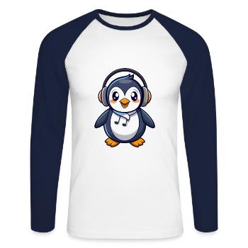 Penguin Funny Cartoon Character Headphone Music - Unisex Long Sleeve Baseball T-Shirt - white/navy - Front - Nik (191cm)