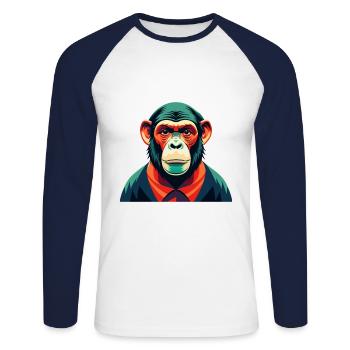 Chimpanzé Dessin animé Personnage Animal de compagnie coloré - T-shirt baseball manches longues Homme - blanc/marine - Devant - Nik (191cm)