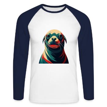 phoque dessin animé personnage animal de compagnie coloré - T-shirt baseball manches longues Homme - blanc/marine - Devant - Nik (191cm)
