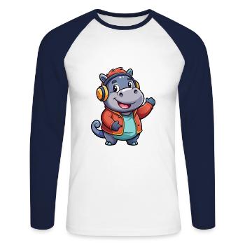 Hippo Funny Cartoon Character Headphone Music - Unisex Long Sleeve Baseball T-Shirt - white/navy - Front - Nik (191cm)