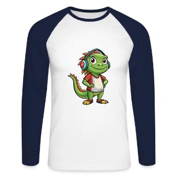 Iguana Funny Cartoon Character Headphone Music - Unisex Long Sleeve Baseball T-Shirt - white/navy - Front - Nik (191cm)
