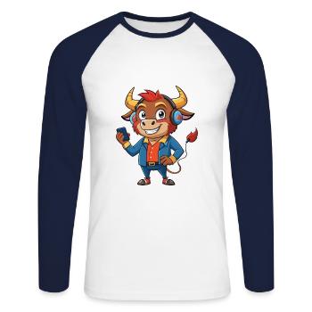 Bull Funny Cartoon Character Headphone Music - Unisex Long Sleeve Baseball T-Shirt - white/navy - Front - Nik (191cm)