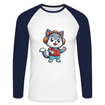 Cat Funny Cartoon Character Headphone Music - Unisex Long Sleeve Baseball T-Shirt - white/navy - Front - Nik (191cm)