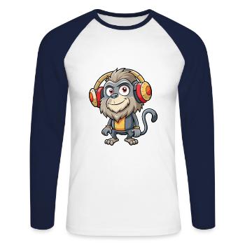 Babouin Drôle Dessin Animé Personnage Casque Musique - T-shirt baseball manches longues Homme - blanc/marine - Devant - Nik (191cm)