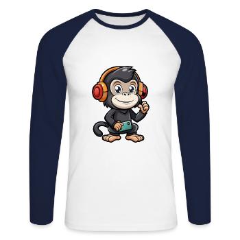 Chimpanzé drôle dessin animé personnage casque musique - T-shirt baseball manches longues Homme - blanc/marine - Devant - Nik (191cm)