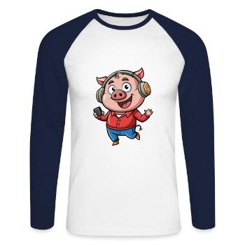 Cochon Drôle Dessin Animé Personnage Casque Musique - T-shirt baseball manches longues Homme - blanc/marine - Devant - Nik (191cm)