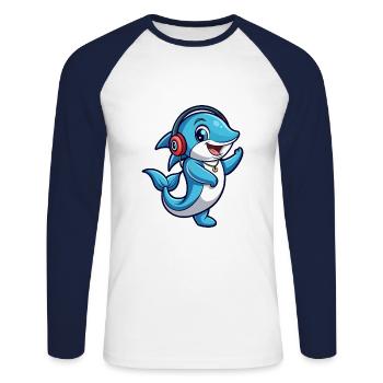 Musique de casque de personnage de dessin animé drôle de dauphin - T-shirt baseball manches longues Homme - blanc/marine - Devant - Nik (191cm)