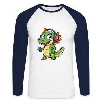 Crocodile Drôle Dessin Animé Personnage Casque Musique - T-shirt baseball manches longues Homme - blanc/marine - Devant - Nik (191cm)