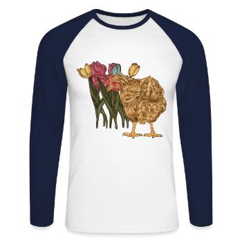 Poulet Poulets Volaille Poulailler Fleurs - T-shirt baseball manches longues Homme - blanc/marine - Devant - Nik (191cm)