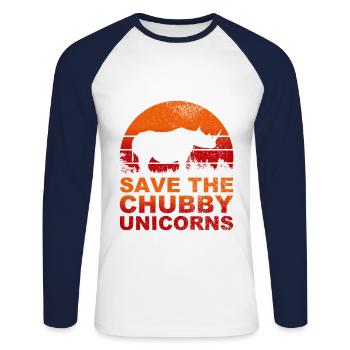 Save The Chubby Unicorns I Einhorn Nashorn Design - Unisex Baseballshirt langarm - Weiß/Navy - Vorne - Nik (191cm)