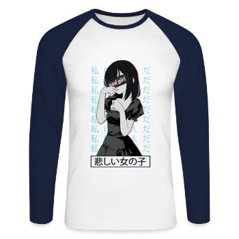 Anime Sad Waifu - T-shirt baseball manches longues Homme - blanc/marine - Devant - Nik (191cm)