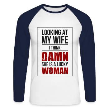 Meine Frau Ehemann Lustig - Unisex Baseballshirt langarm - Weiß/Navy - Vorne - Nik (191cm)