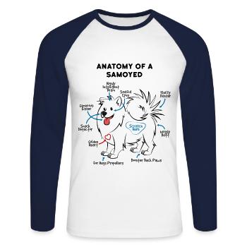 Anatomie d'un chien Samoyède - T-shirt baseball manches longues Homme - blanc/marine - Devant - Nik (191cm)