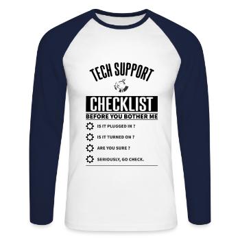 Tech Support Checklist Lustig - Unisex Baseballshirt langarm - Weiß/Navy - Vorne - Nik (191cm)