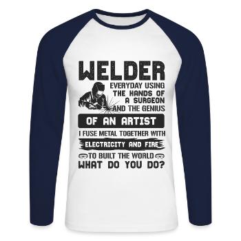 Schweißen - Unisex Baseballshirt langarm - Weiß/Navy - Vorne - Nik (191cm)