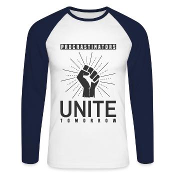 Prokrastination Vereint Euch Lustig - Unisex Baseballshirt langarm - Weiß/Navy - Vorne - Nik (191cm)