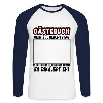 Mein 27. Geburtstag Gästebuch 27 Jahre - Unisex Baseballshirt langarm - Weiß/Navy - Vorne - Nik (191cm)