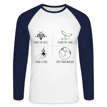 Save Bees Protect Oceans Day Earth Day - Unisex Long Sleeve Baseball T-Shirt - white/navy - Front - Nik (191cm)