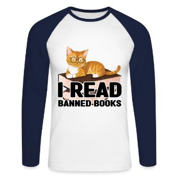 J’ai lu un livre interdit Cat Lover Reader Read - T-shirt baseball manches longues Homme - blanc/marine - Devant - Nik (191cm)