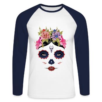 Skelett Gesicht Blumen Muertos Tag der Toten Halloween - Unisex Baseballshirt langarm - Weiß/Navy - Vorne - Nik (191cm)