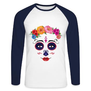 Mexican Face Floral Muertos Day Of Dead Halloween - Unisex Long Sleeve Baseball T-Shirt - white/navy - Front - Nik (191cm)
