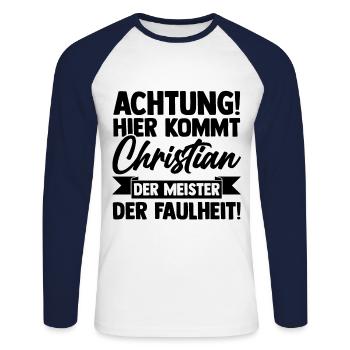 Vorname Chris Christian - Unisex Baseballshirt langarm - Weiß/Navy - Vorne - Nik (191cm)