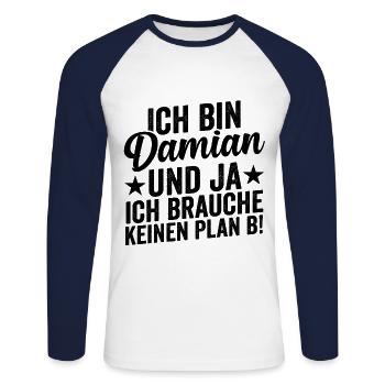 First name Damian - Unisex Long Sleeve Baseball T-Shirt - white/navy - Front - Nik (191cm)