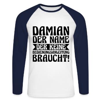 Vorname Damian - Unisex Baseballshirt langarm - Weiß/Navy - Vorne - Nik (191cm)