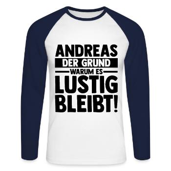 Prénom Andreas - T-shirt baseball manches longues Homme - blanc/marine - Devant - Nik (191cm)