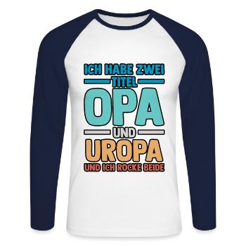 J’ai deux titres : Papy et Arrière-Grand-Pa - T-shirt baseball manches longues Homme - blanc/marine - Devant - Nik (191cm)